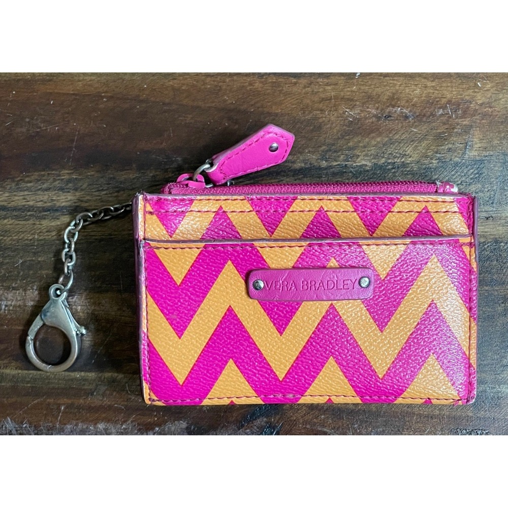 Vera Bradley Pink Orange Chevron ID Case Keychain Wallet Zip Top Coin Purse